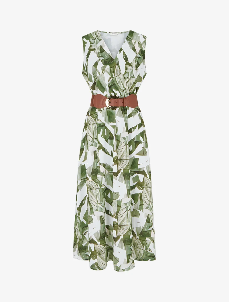 Ärmelloses Kleid mit Fantasiemuster - Kaki