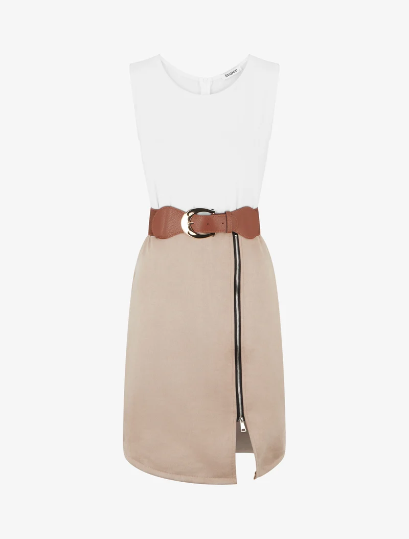 Zweimaterialiges Kleid mit Reißverschluss - Beige