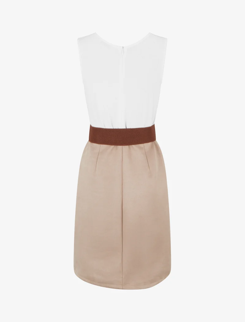 Zweimaterialiges Kleid mit Reißverschluss - Beige