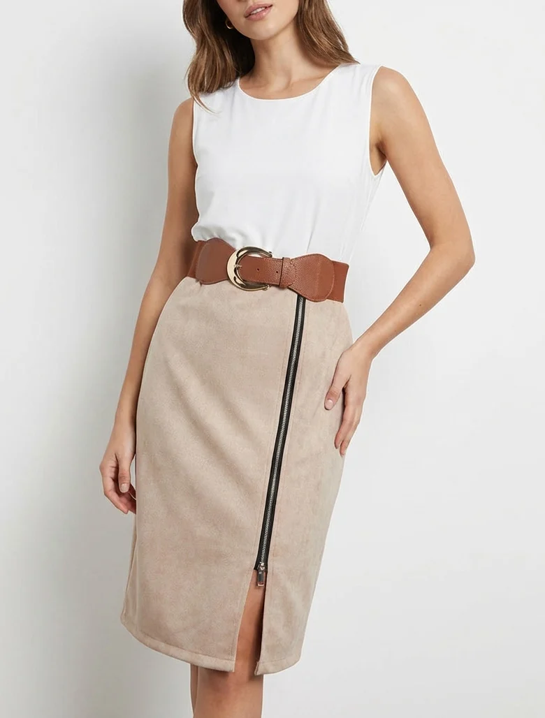 Zweimaterialiges Kleid mit Reißverschluss - Beige