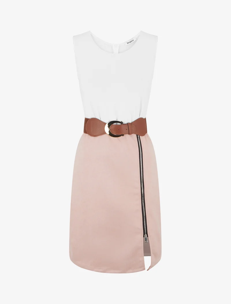 Zweimaterialiges Kleid mit Reißverschluss - Rose