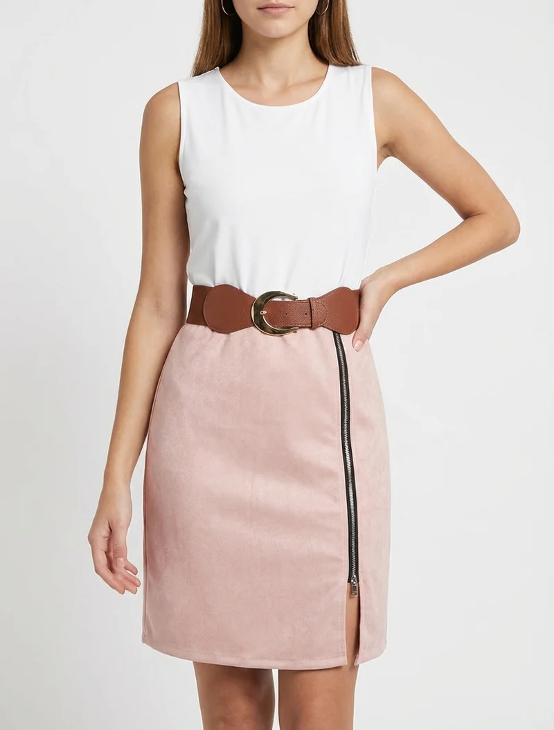 Zweimaterialiges Kleid mit Reißverschluss - Rose
