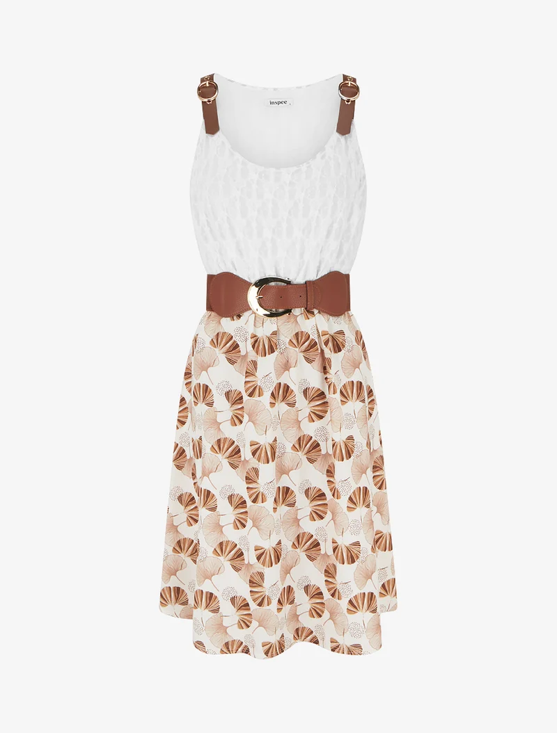 Midikleid mit Ginkgo-Print und Kunstlederträgern - Braun