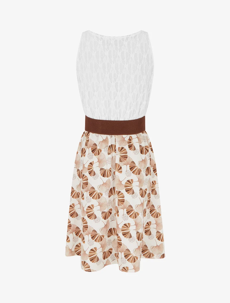 Midikleid mit Ginkgo-Print und Kunstlederträgern - Braun