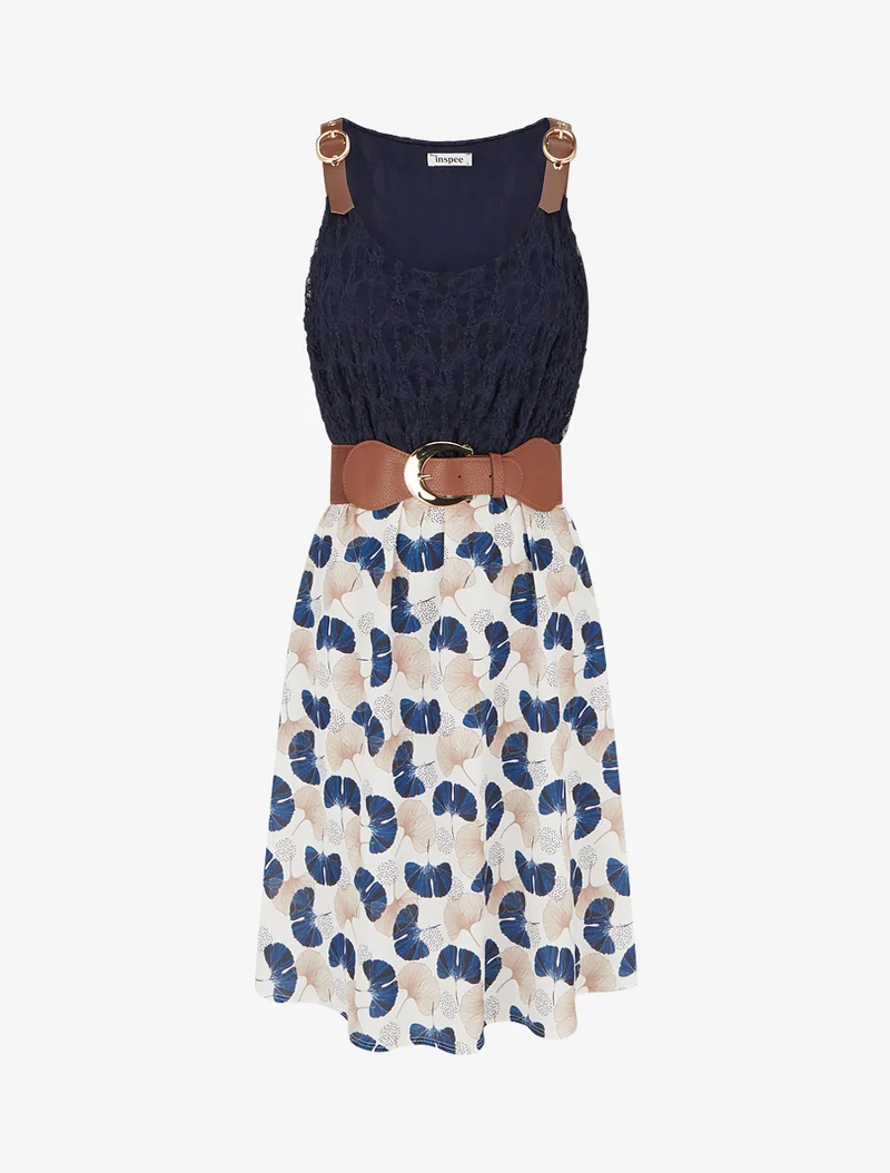 Midikleid mit Ginkgo-Print und Kunstlederträgern - Marine