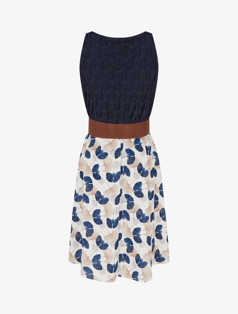Midikleid mit Ginkgo-Print und Kunstlederträgern - Marine