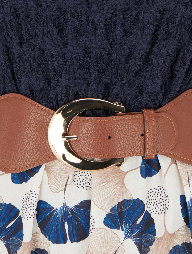Midikleid mit Ginkgo-Print und Kunstlederträgern - Marine