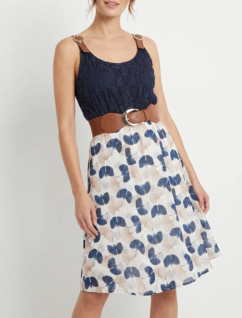 Midikleid mit Ginkgo-Print und Kunstlederträgern - Marine