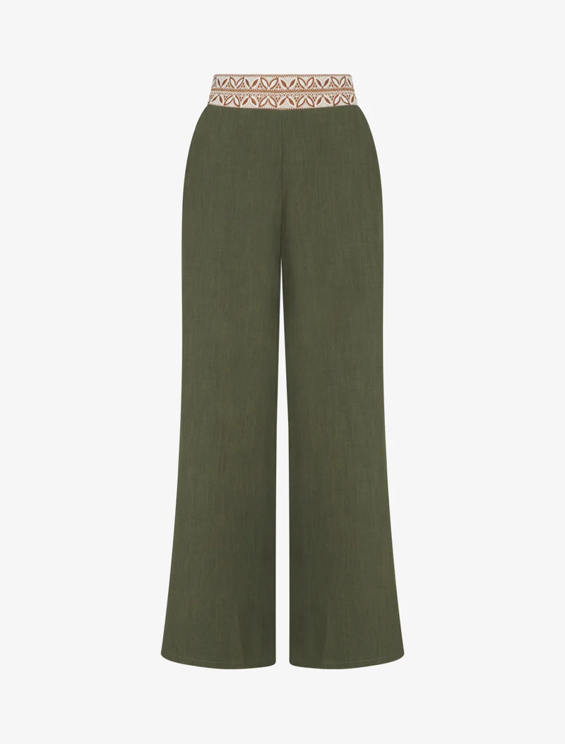 Fließende einfarbige Hose mit hoher Taille - Kaki