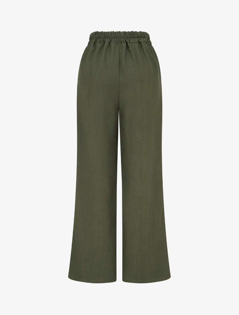 Fließende einfarbige Hose mit hoher Taille - Kaki