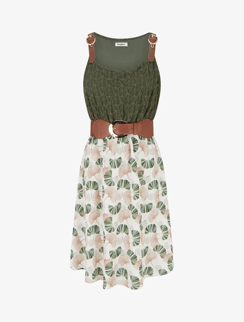 Midikleid mit Ginkgo-Print und Kunstlederträgern - Kaki