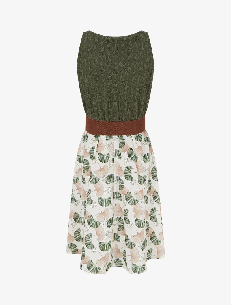 Midikleid mit Ginkgo-Print und Kunstlederträgern - Kaki