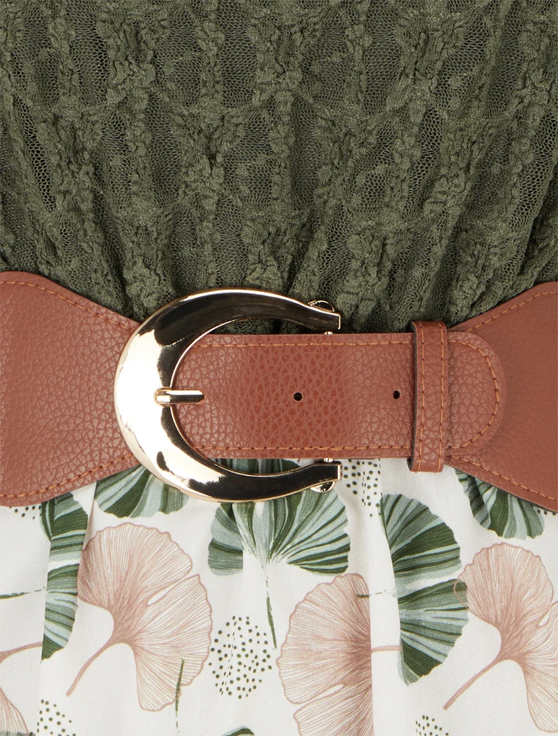 Midikleid mit Ginkgo-Print und Kunstlederträgern - Kaki