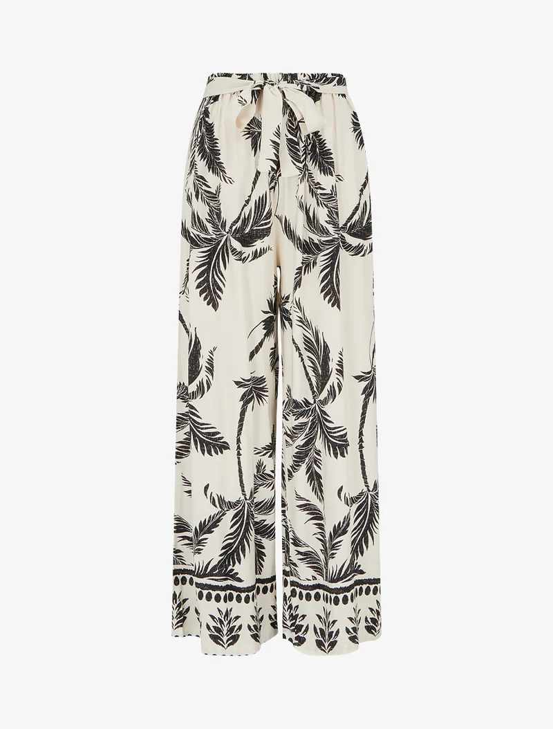 Fließende elastische Hose mit Blätterdruck - Beige