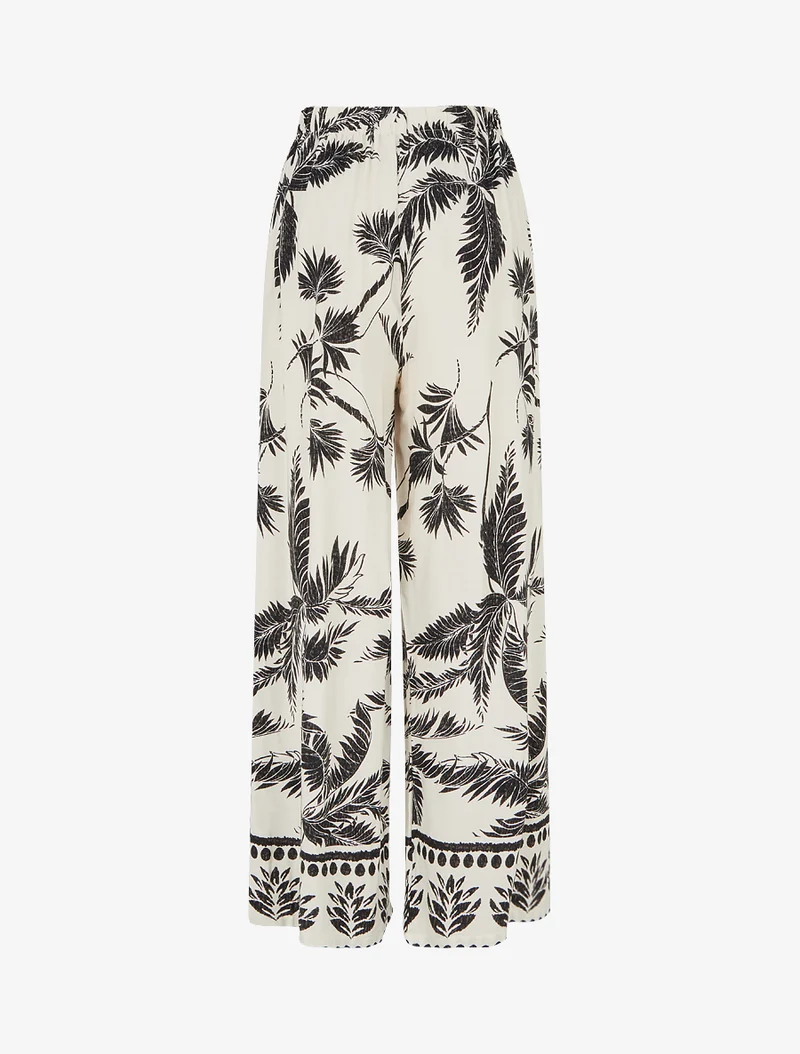 Fließende elastische Hose mit Blätterdruck - Beige