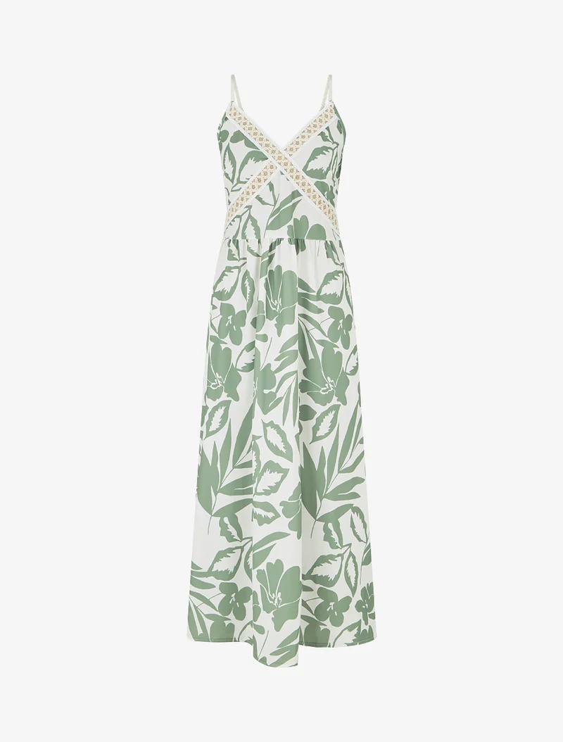 Geblümtes Kleid mit Stickereinsatz - Kaki