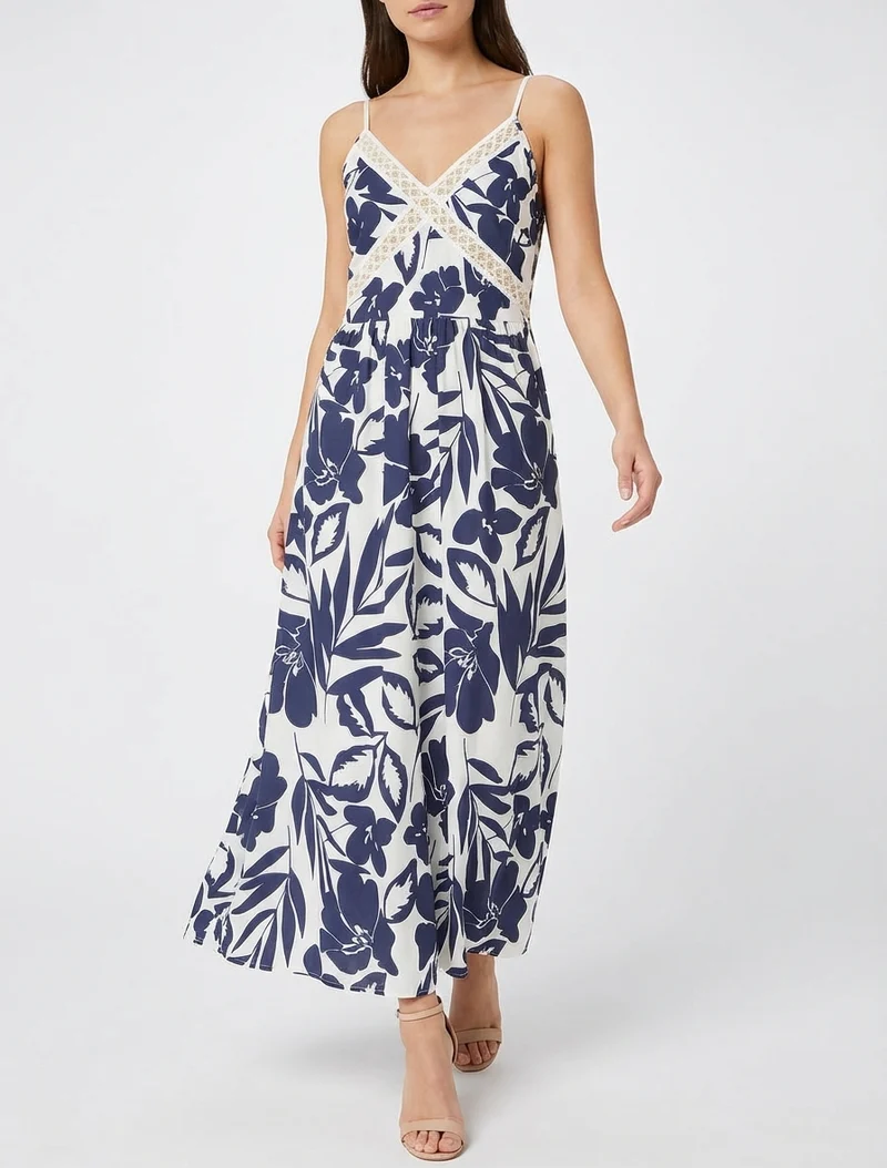 Geblümtes Kleid mit Stickereinsatz - Marine