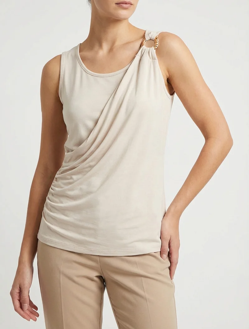 Ärmelloses Oberteil mit Drapierungseffekt und Schmuckträger. - Beige