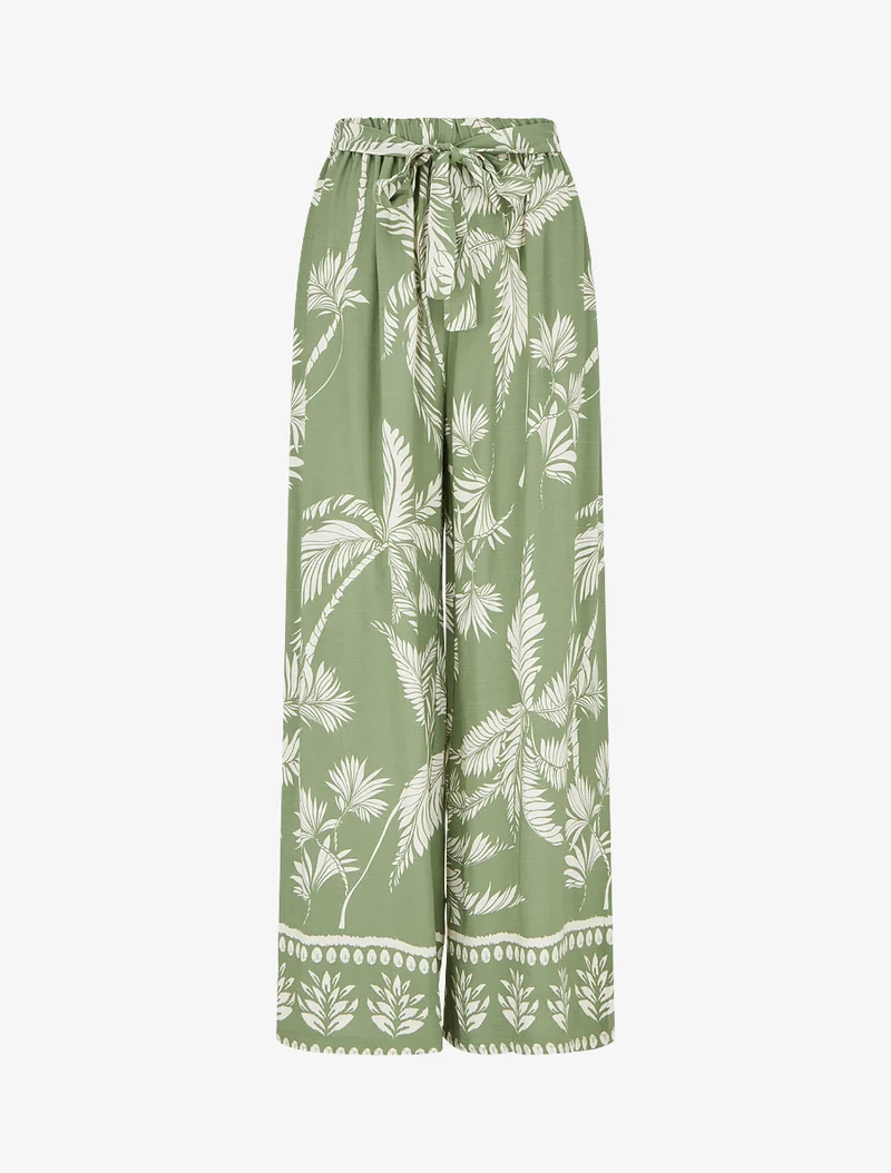 Fließende elastische Hose mit Blätterdruck - Kaki