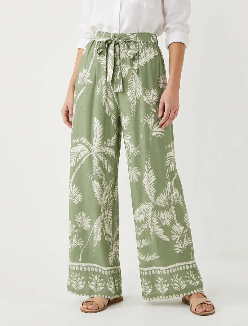 Fließende elastische Hose mit Blätterdruck - Kaki