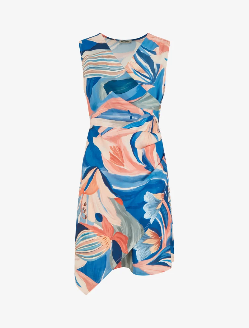 Ärmelloses Wickelkleid mit Lilienblumenmuster - Dunkelblau