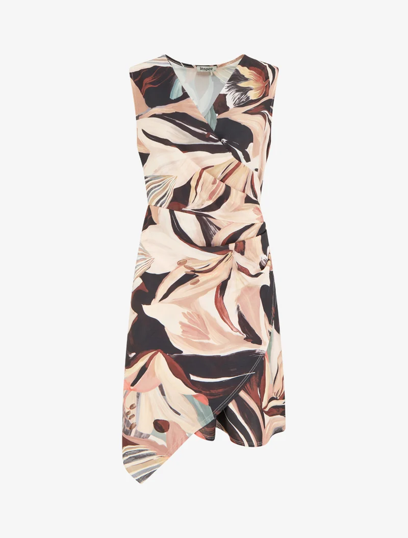 Ärmelloses Wickelkleid mit Lilienblumenmuster - Schwarz