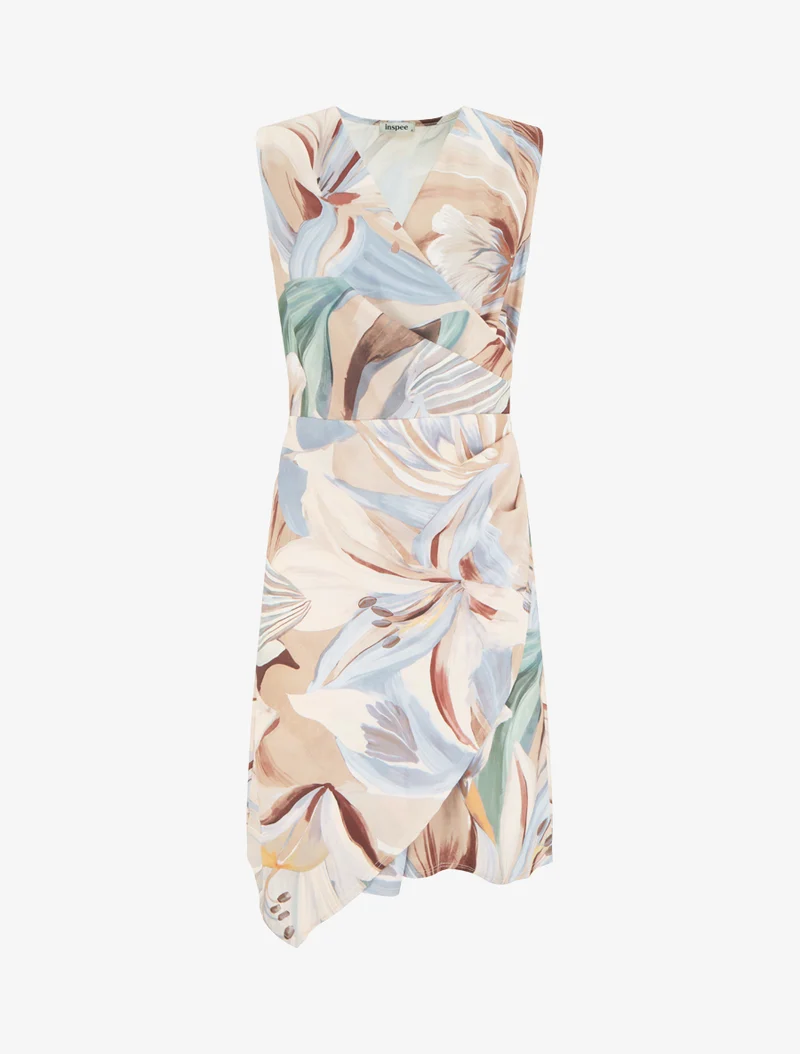 Ärmelloses Wickelkleid mit Lilienblumenmuster - Beige