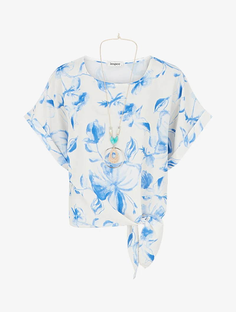Geknotetes florales Print-Top - Himmelblau