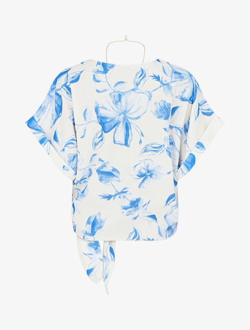 Geknotetes florales Print-Top - Himmelblau