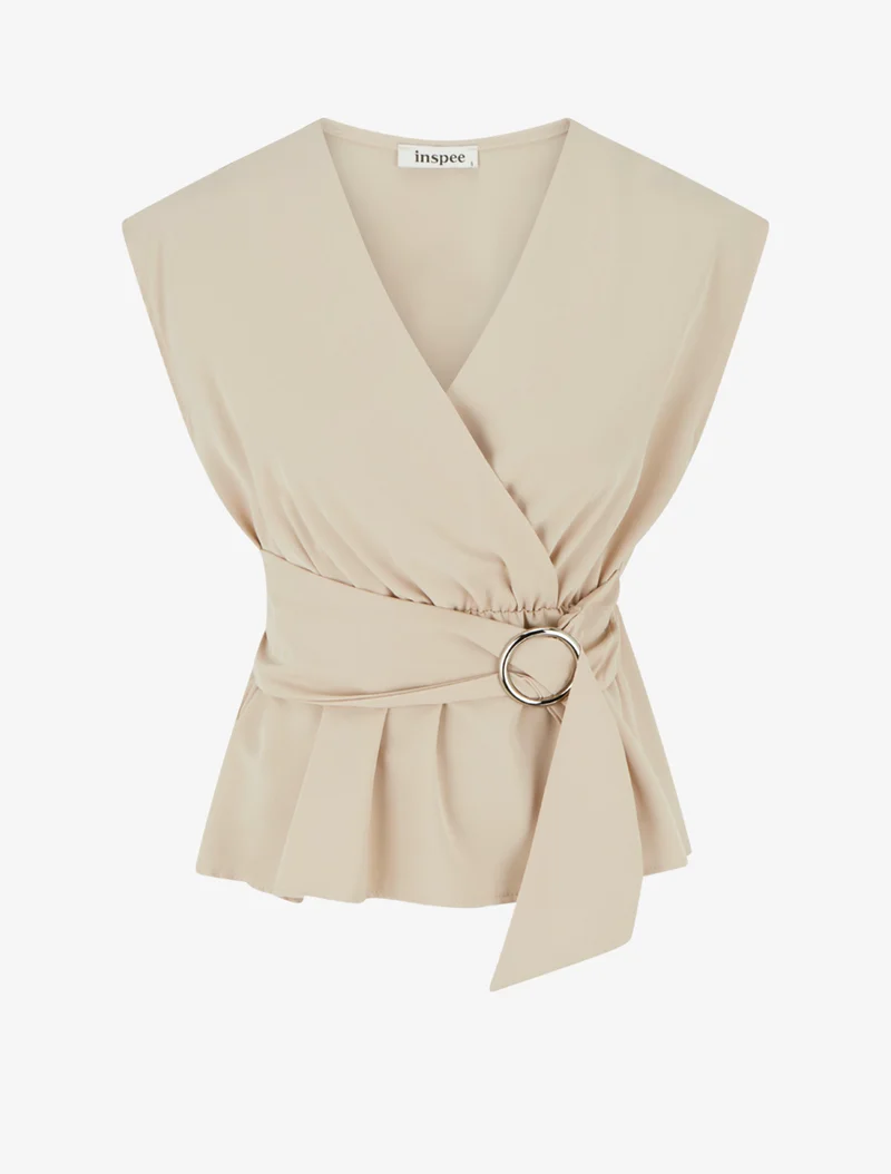 Elastisches einfarbiges Top mit kurzen Ärmeln - Beige