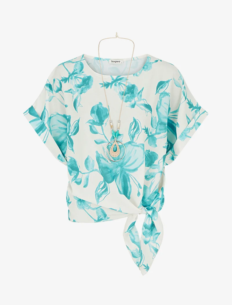 Geknotetes florales Print-Top - Türkis