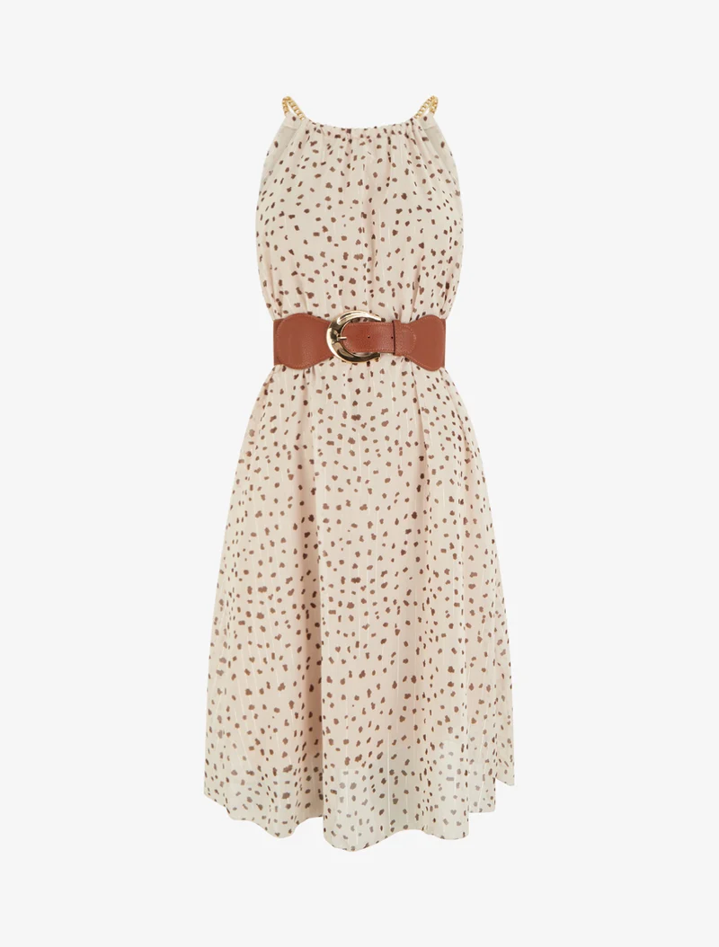 Kleid mit Kettenträgern und gesprenkeltem Druck - Beige