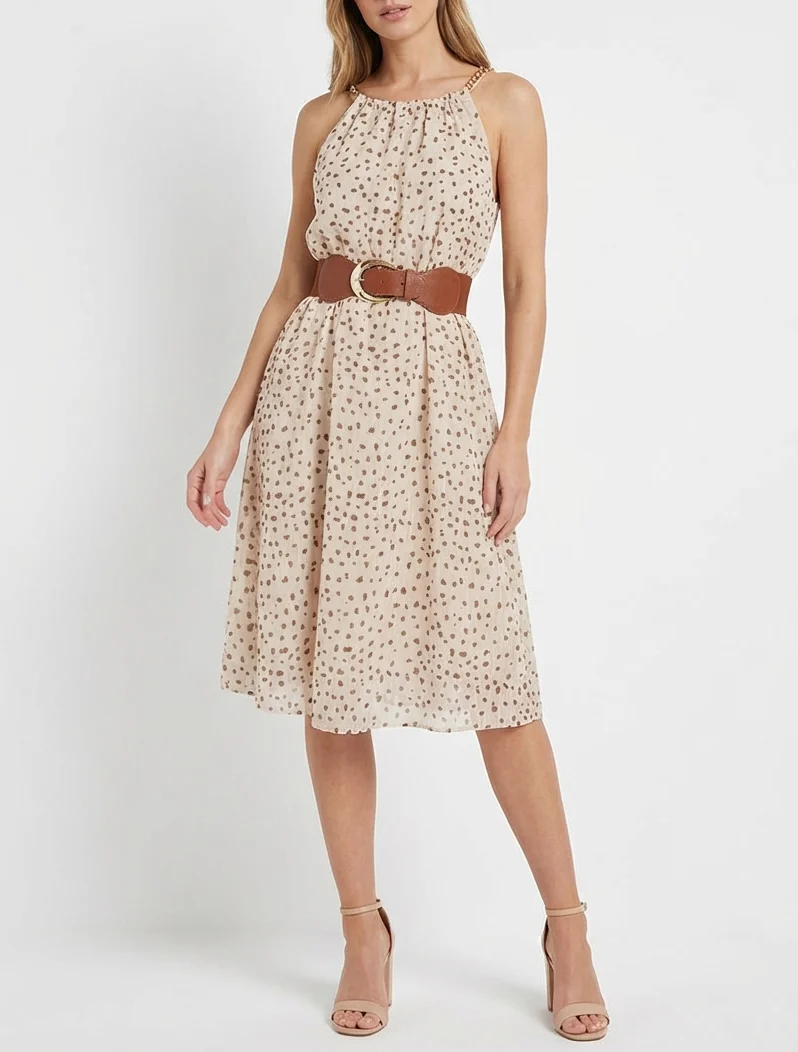 Kleid mit Kettenträgern und gesprenkeltem Druck - Beige