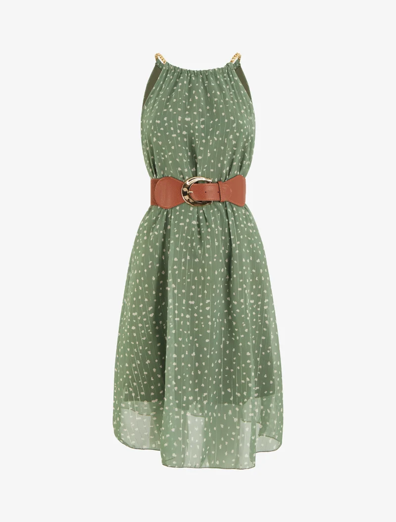 Kleid mit Kettenträgern und gesprenkeltem Druck - Kaki
