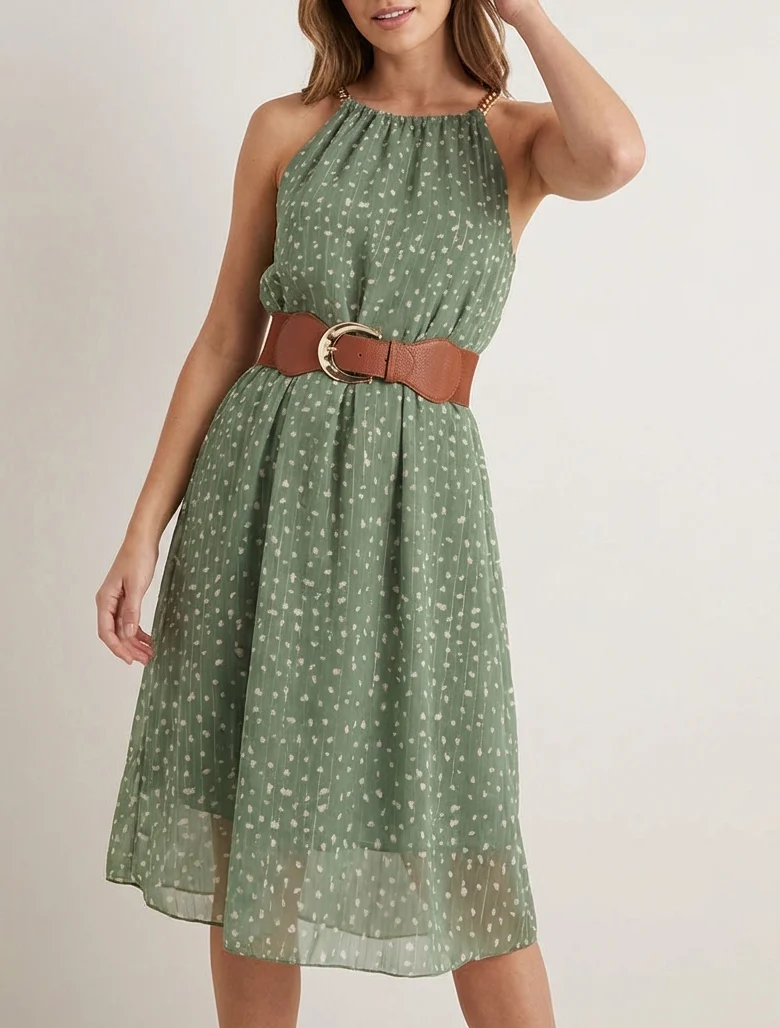 Kleid mit Kettenträgern und gesprenkeltem Druck - Kaki
