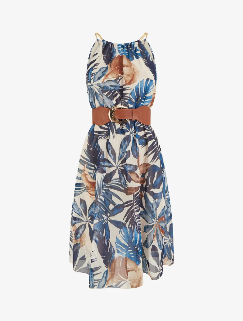 Kleid mit Kettenträgern und tropischem Druck - Marine