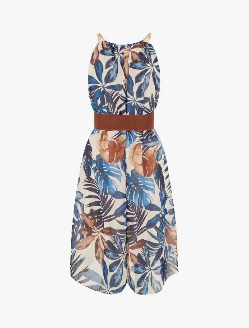 Kleid mit Kettenträgern und tropischem Druck - Marine