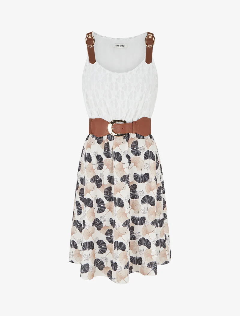 Midikleid mit Ginkgo-Print und Kunstlederträgern - Schwarz