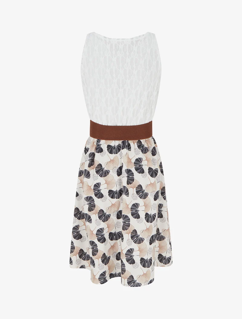 Midikleid mit Ginkgo-Print und Kunstlederträgern - Schwarz