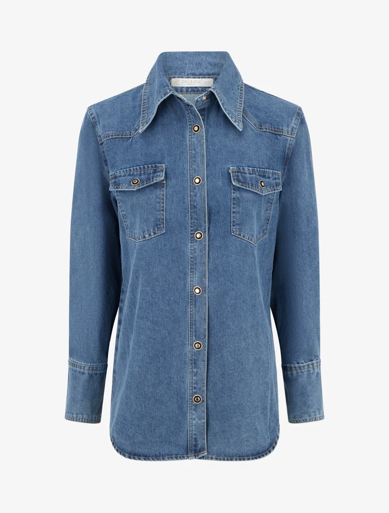 Gerade geschnittenes Jeanshemd mit Klappentaschen - Blau