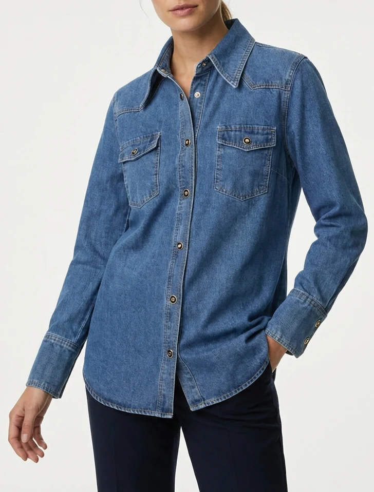 Gerade geschnittenes Jeanshemd mit Klappentaschen - Blau