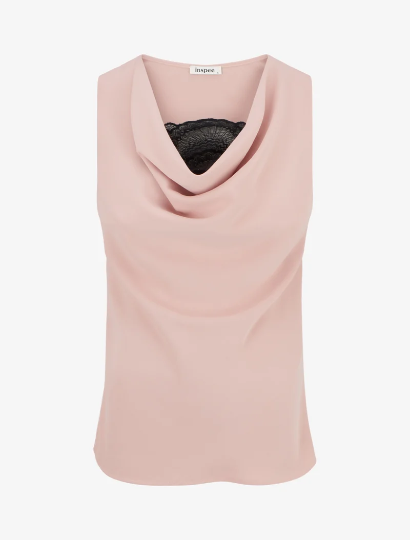 Ärmelloses Oberteil mit Wasserfallausschnitt und Spitze - Rose
