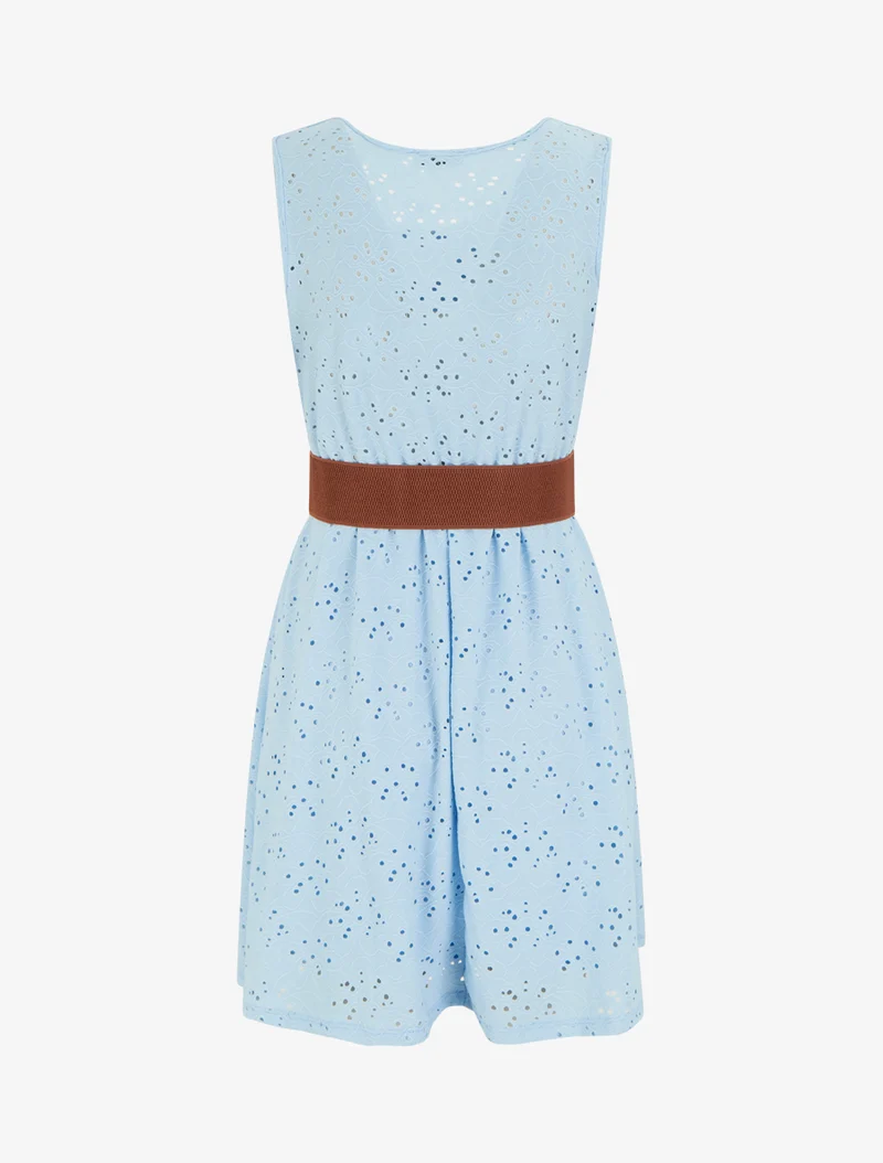 Ärmelloses, ausgestelltes Kleid aus englischer Stickerei - Himmelblau