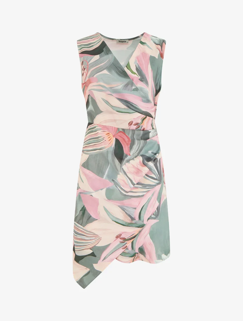 Ärmelloses Wickelkleid mit Lilienblumenmuster - Kaki
