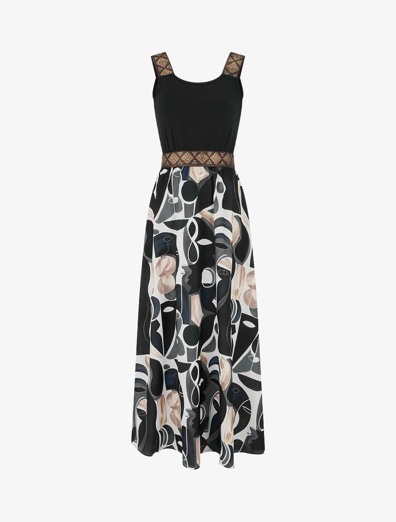 Kleid mit abstraktem Druck und stilisierten Trägern - Schwarz
