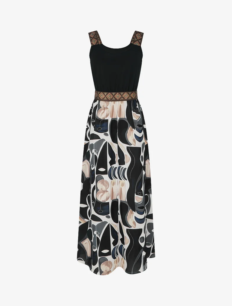 Kleid mit abstraktem Druck und stilisierten Trägern - Schwarz