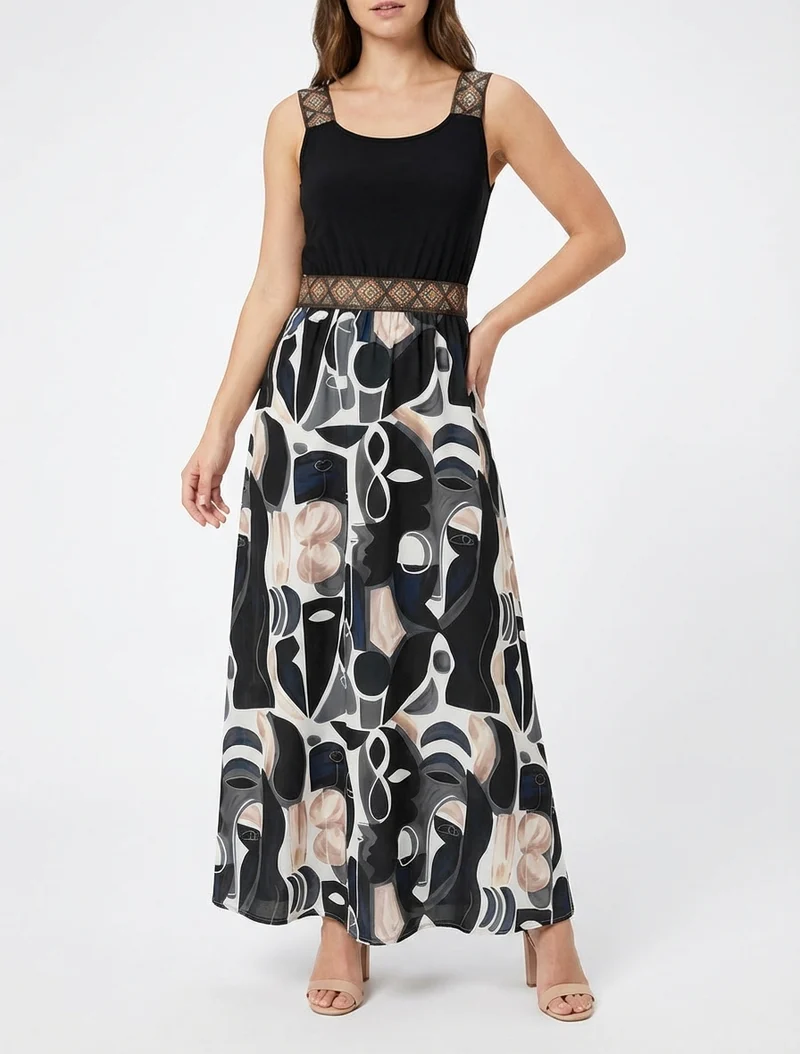 Kleid mit abstraktem Druck und stilisierten Trägern - Schwarz