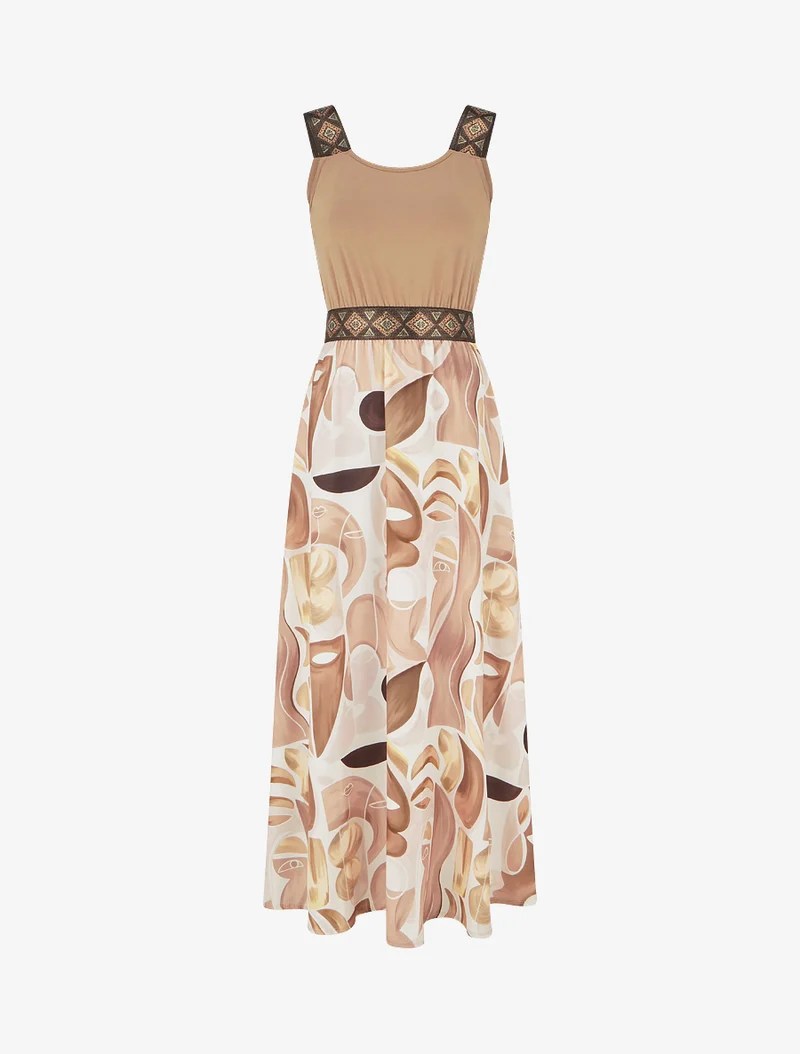 Kleid mit abstraktem Druck und stilisierten Trägern - Kamel