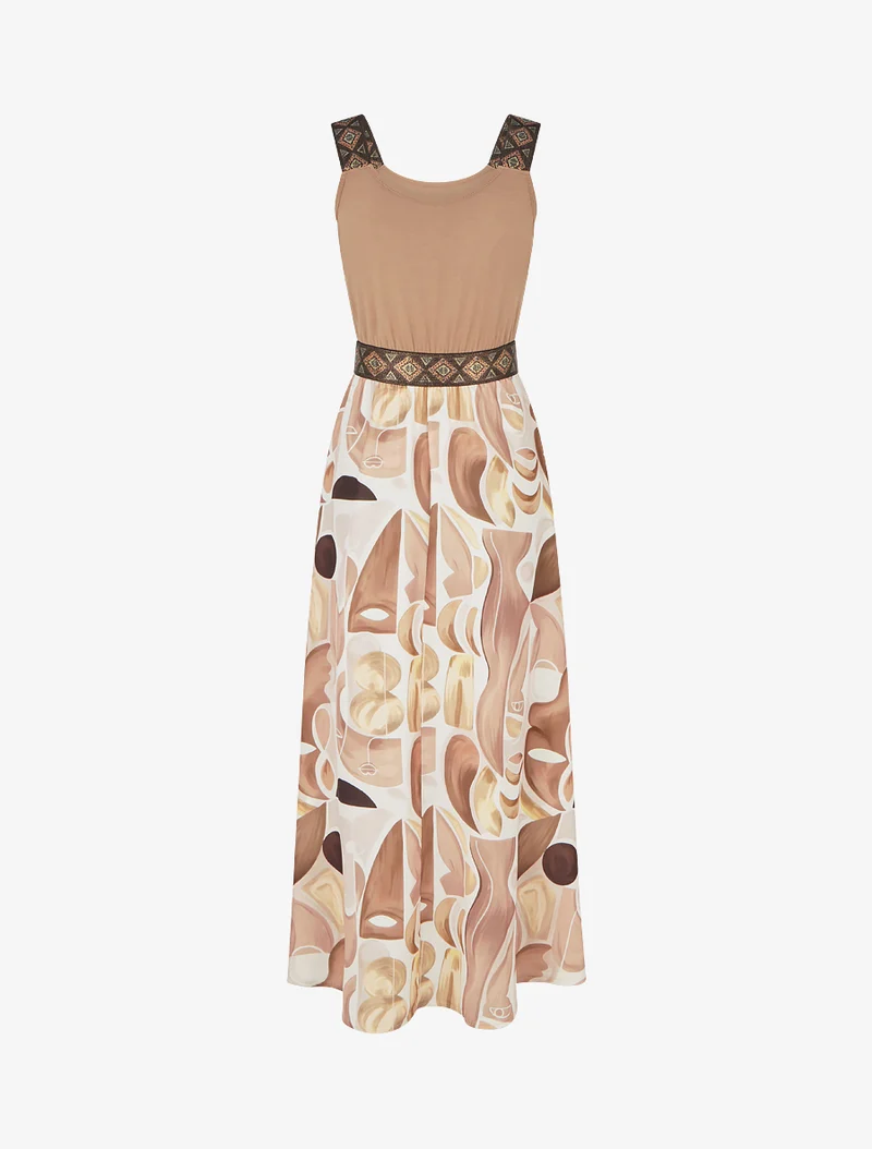 Kleid mit abstraktem Druck und stilisierten Trägern - Kamel