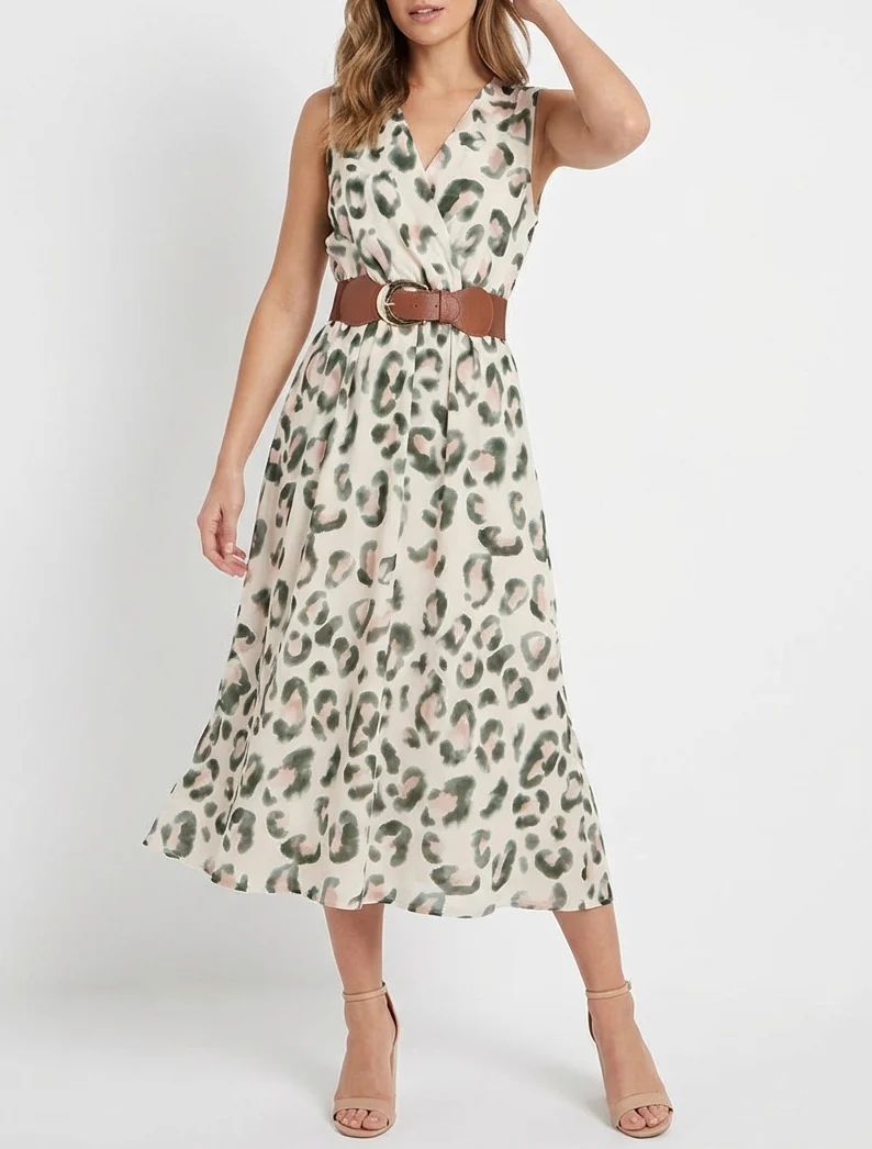 Ärmelloses Kleid mit Leopardenmuster - Kaki